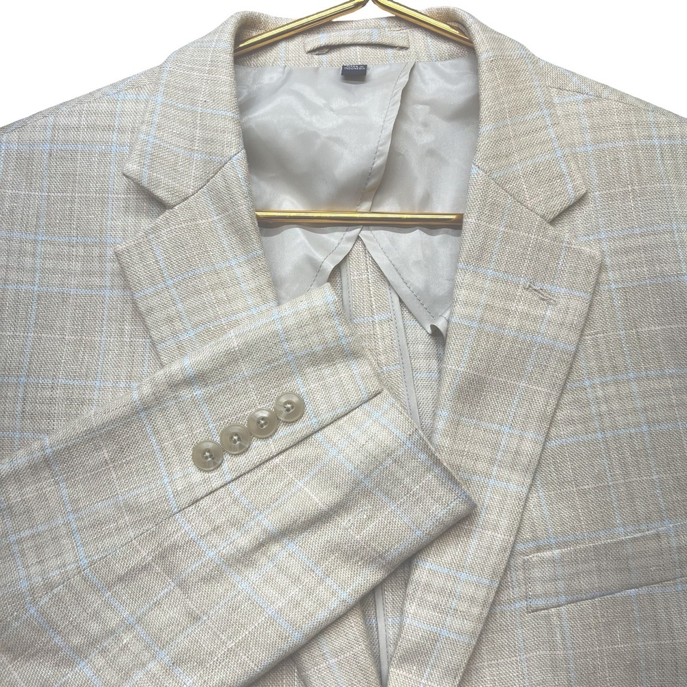 Jos A Bank Linen Blend Sport Coat Mens 44S Tailored Fit Windowpane Stretch